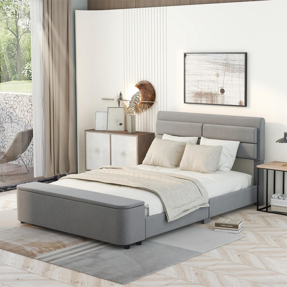 Upholstery Platform Bed with Storage Headboard and Footboard  Support Legs  Solid Wood Bedframe  No Need Spring Box