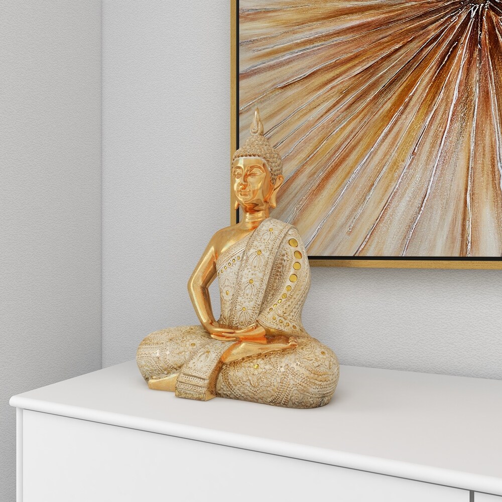 Gold Polystone Meditating Carved Buddha Sculpture with Intricate Carvings and Mirrored Embellishments   14 x 9 x 20