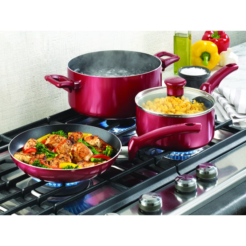 T-fal Essentials Nonstick Aluminum 20 Piece Cookware Set and Cooking Utensils， Red