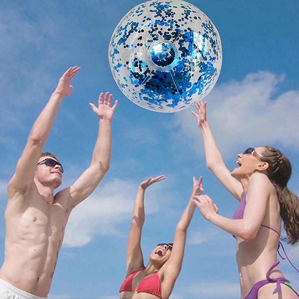 40cm/16inch Beach Ball Transparent Inflatable Swimming Pool Toy Ball With Beautiful Confetti Sequins For Summer Party Water Park Blue