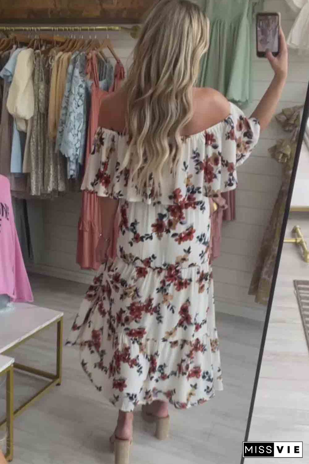 White Floral Print Off-shoulder Crop Top and Maxi Skirt Set