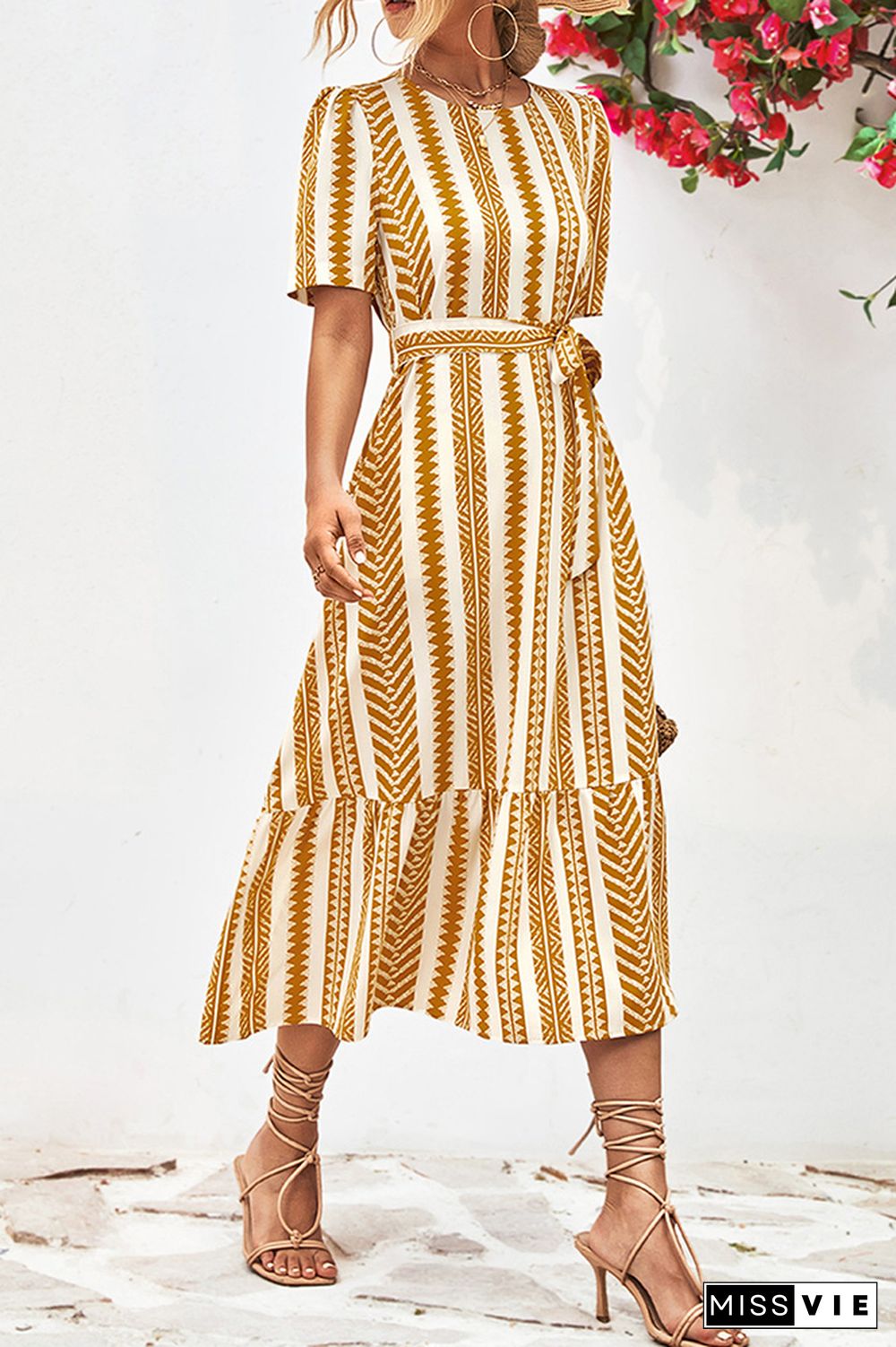 Geometric Striped Maxi Dress With Sash