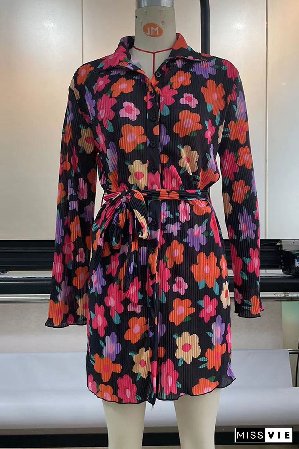 Open Button Floral Print Pleated Long Sleeves Dress