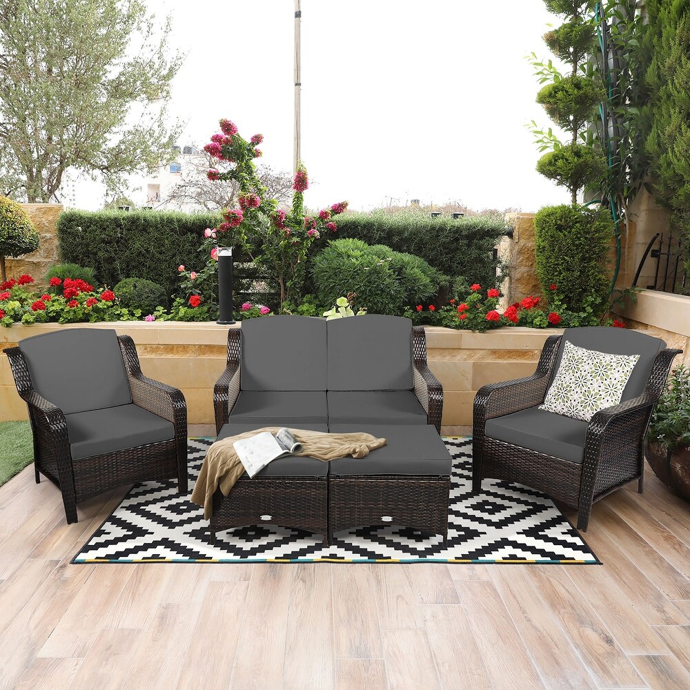 Costway 5PCS Patio Rattan Furniture Set Loveseat Sofa Ottoman