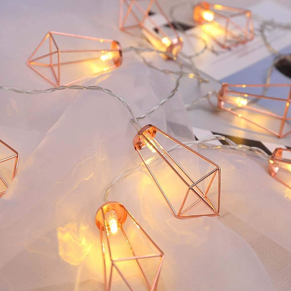 10 Led 2m Diamond String Lights Battery Operated， Geometric Fairy Lights Warm White， Rose Gold Metal Lamps Decor For Indoor Wedding Party Bedroom Chri