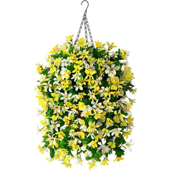 Artificial Hanging Flowers in Basket for Outdoor Spring Decoration，4pcs Faux Silk Violet Flower Bouquet UV Resistant