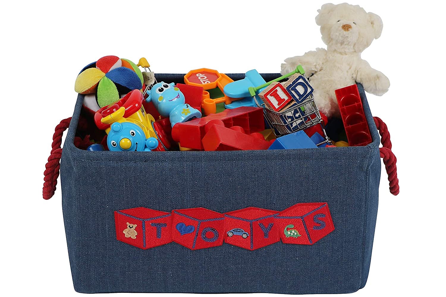 Toy Storage Basket Bin for Organizing Baby, Kids, Dog Toys, Children Books. Denim Canvas Box Organizer w/Attractive Red Patch for Playroom, Nursery