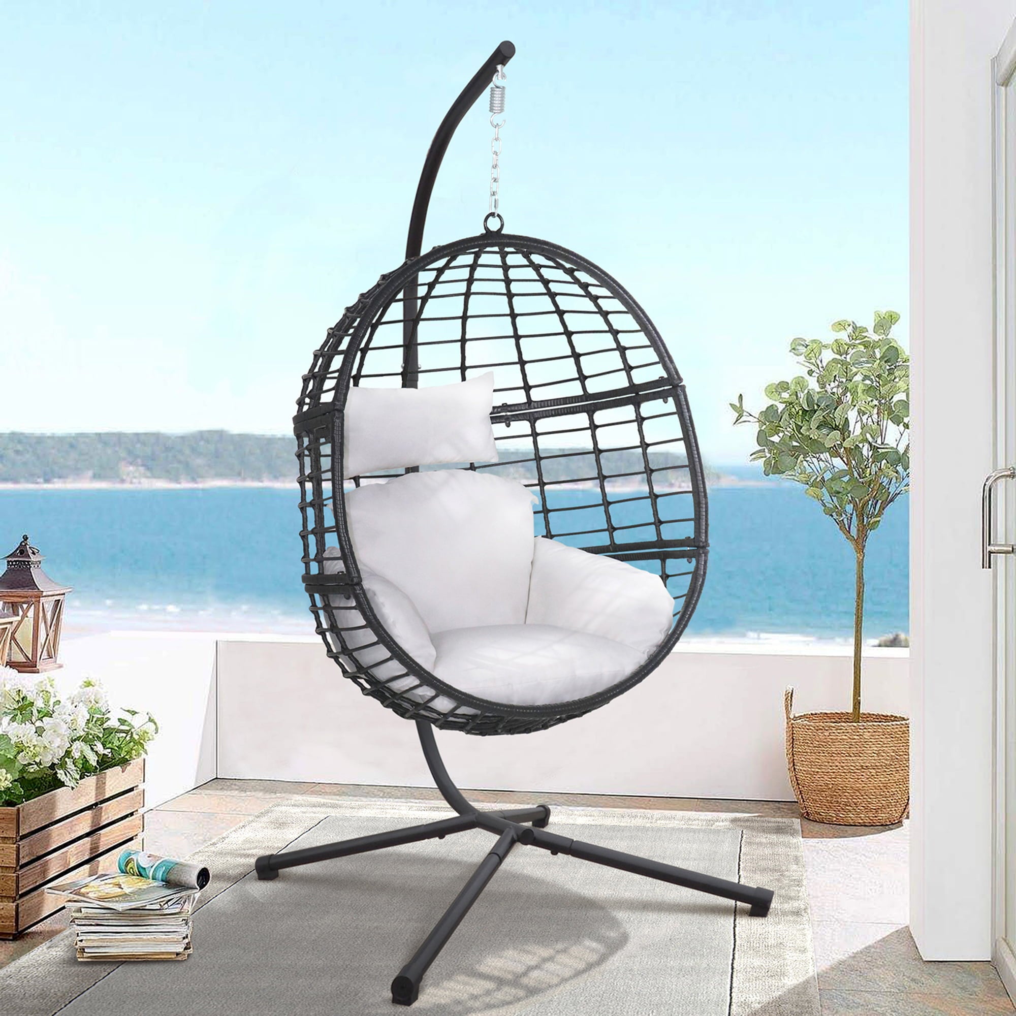 Arttoreal Wicker Hanging Chair,Hammock Egg Chair with Stand and Cushion for Bedroom Garden and Balcony,White