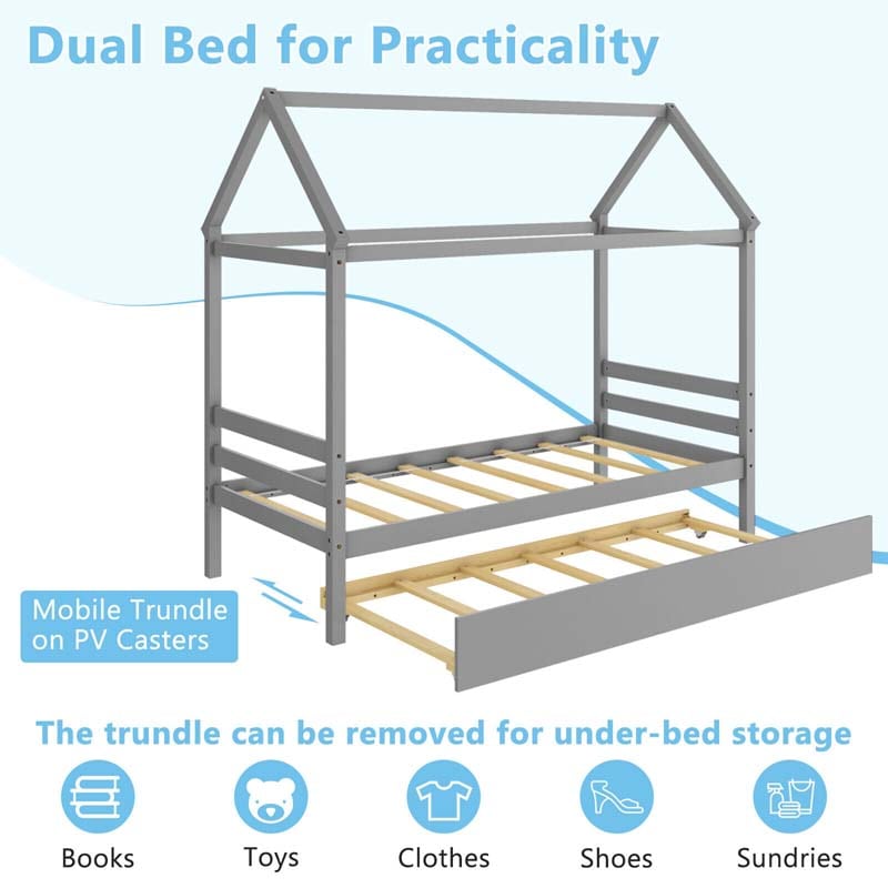 Twin Size House Bed with Trundle, Roof Wooden Platform Bed Frame, Playhouse Twin Bed for Kids Toddlers