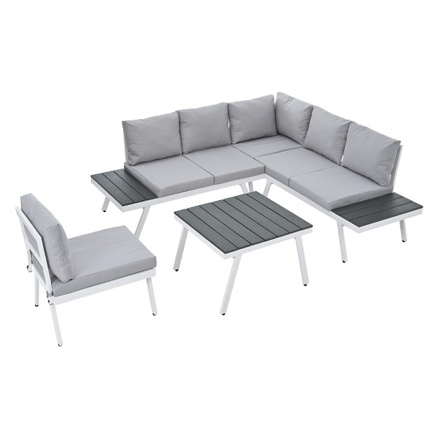 Industrial Aluminum Outdoor Patio Furniture Set Of 5 With End And Coffee Tables White gray Modernluxe