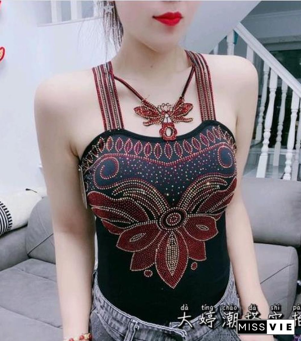 Fashion Women's Padded Gemstones Camisole Femme Lady Shiny Bling Bling Camis Women Rhainstones Butterfly Padded Tanks Tops