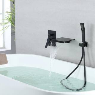 WELLFOR Single-Handle Waterfall Spout Tub Wall Mount Roman Tub Faucet with Hand Shower in Matte Black SPA-88021B