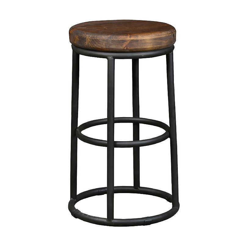 Ken 24 Inch Backless Round Counter Stool， Pine Wood Seat， Brown， Black