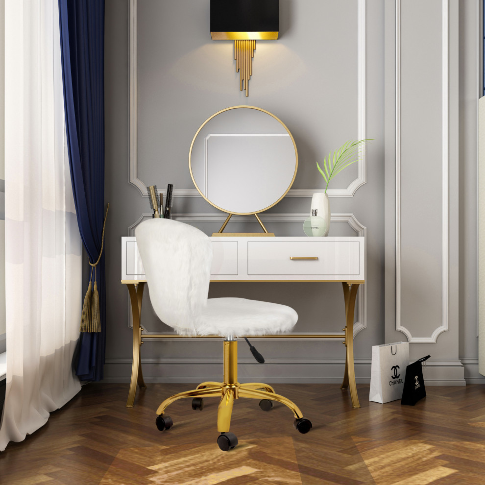 Faux Fur Upholstered White Makeup Vanity Chairs With Golden Chrome Base   Contemporary   Vanity Stools And Benches   by specialty imports  Houzz