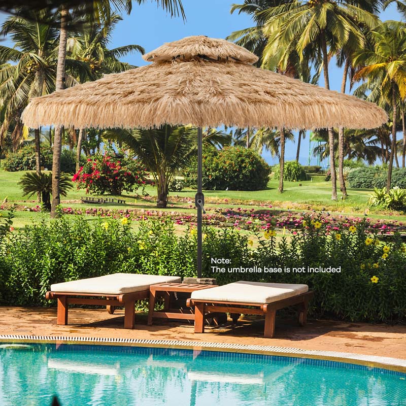 10 FT Thatched Tiki Patio Umbrella with 32 LED Solar Lights, 2 Tier Hawaiian Style Grass Beach Umbrella