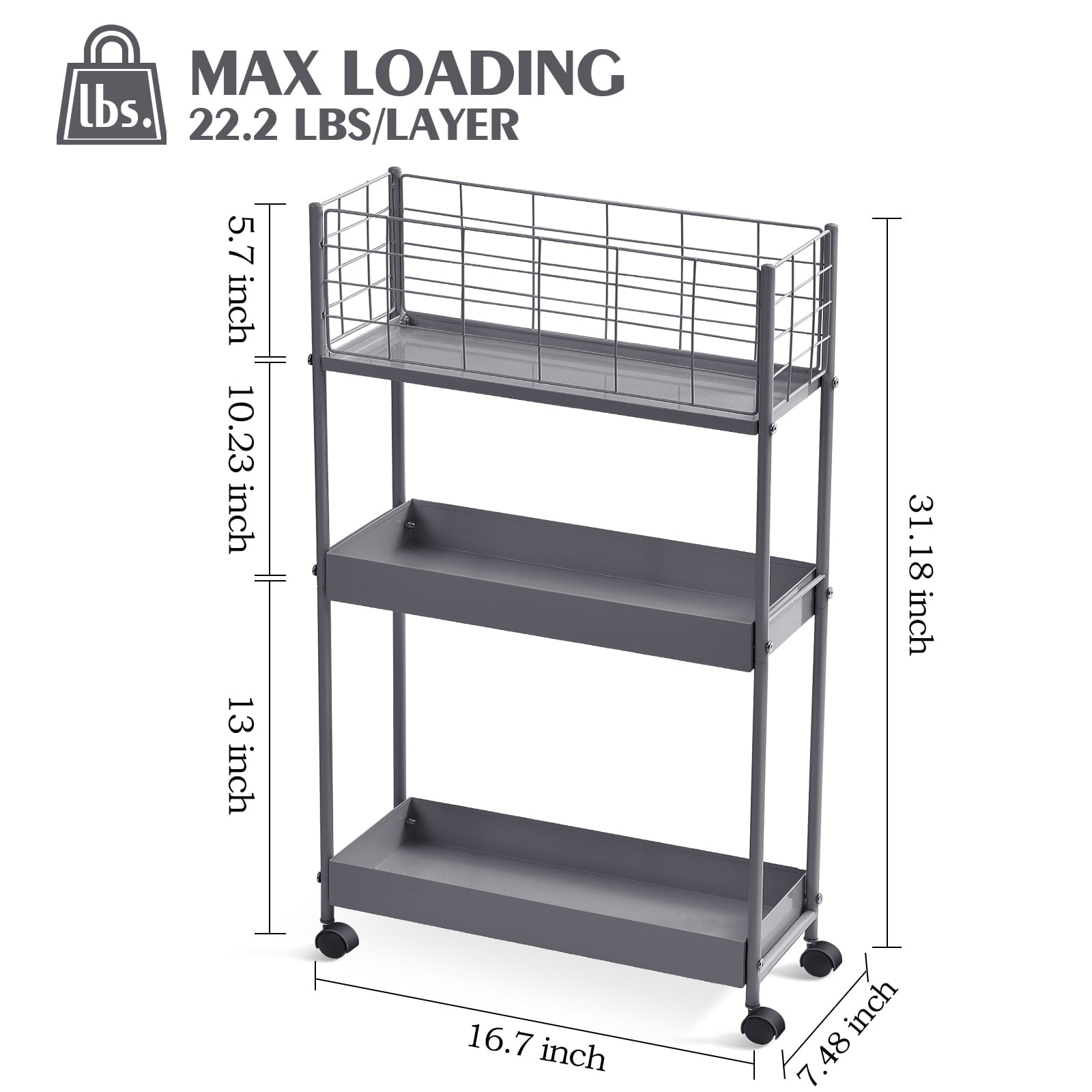 KINGRACK Slim Storage Cart,3-Tier Metal Utility Rolling Cart with Wheels, Slide Out Storage Cart, Skinny Storage Rolling Cart, Storage Trolley Cart