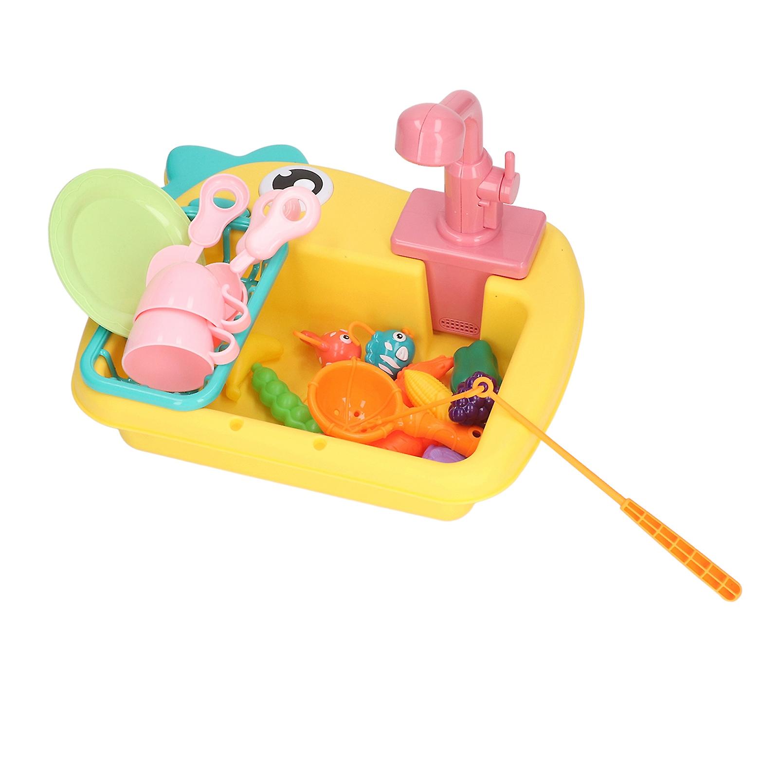 2 in 1 Play Kitchen Sink Toys with Running Water Automatic Faucets Pretend Dinosaur Fishing Toys Yellow