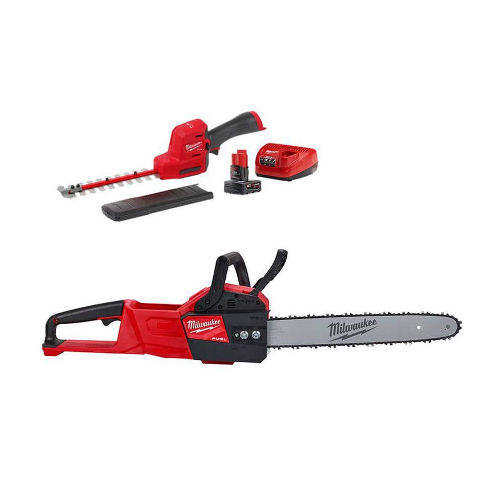 Milwaukee M12 FUEL 8 in 12V LithiumIon Brushless Cordless Hedge Trimmer Kit with M18 FUEL 16 in Chainsaw