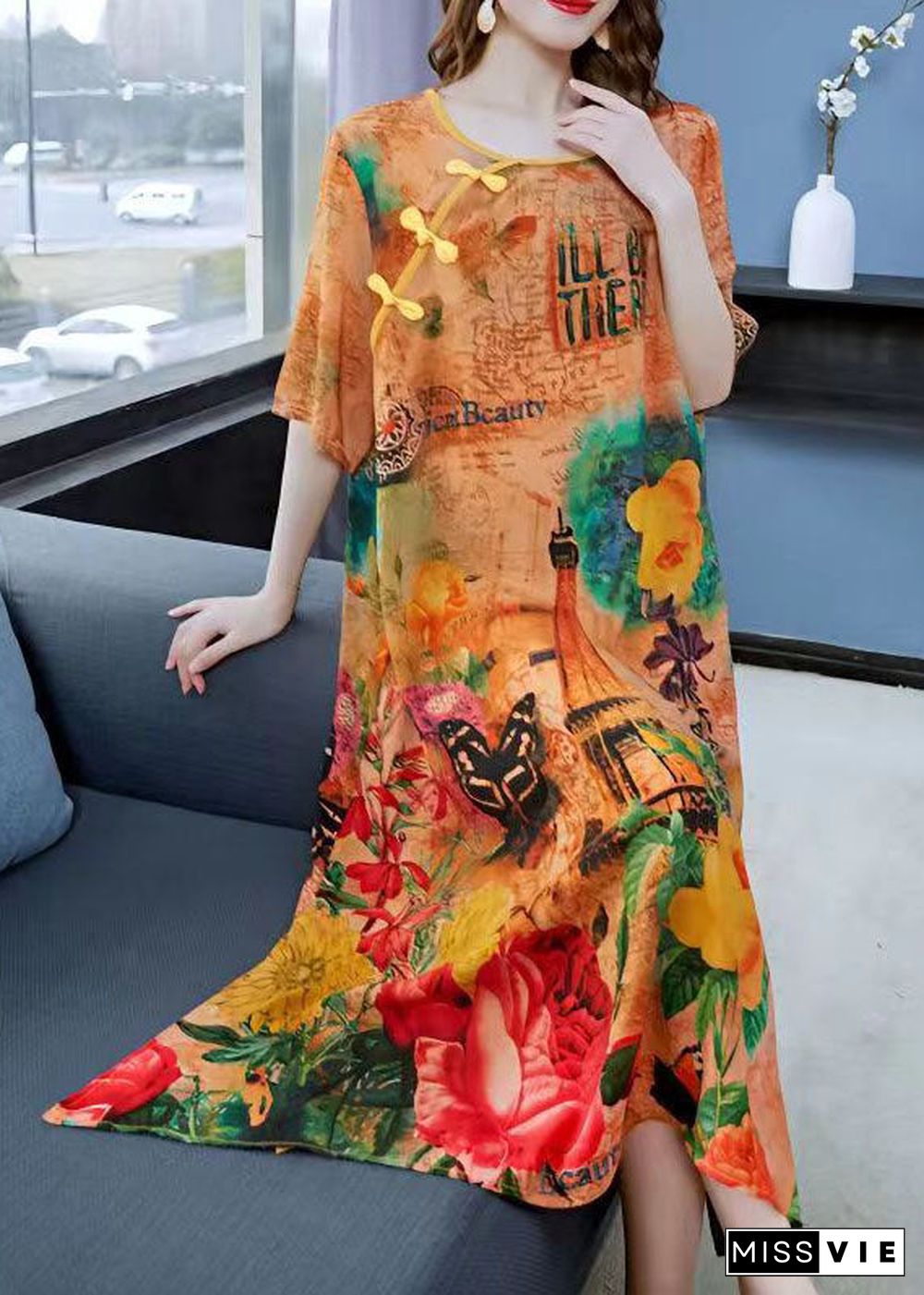 Women Yellow Print Chinese Button Patchwork Silk Dress Summer