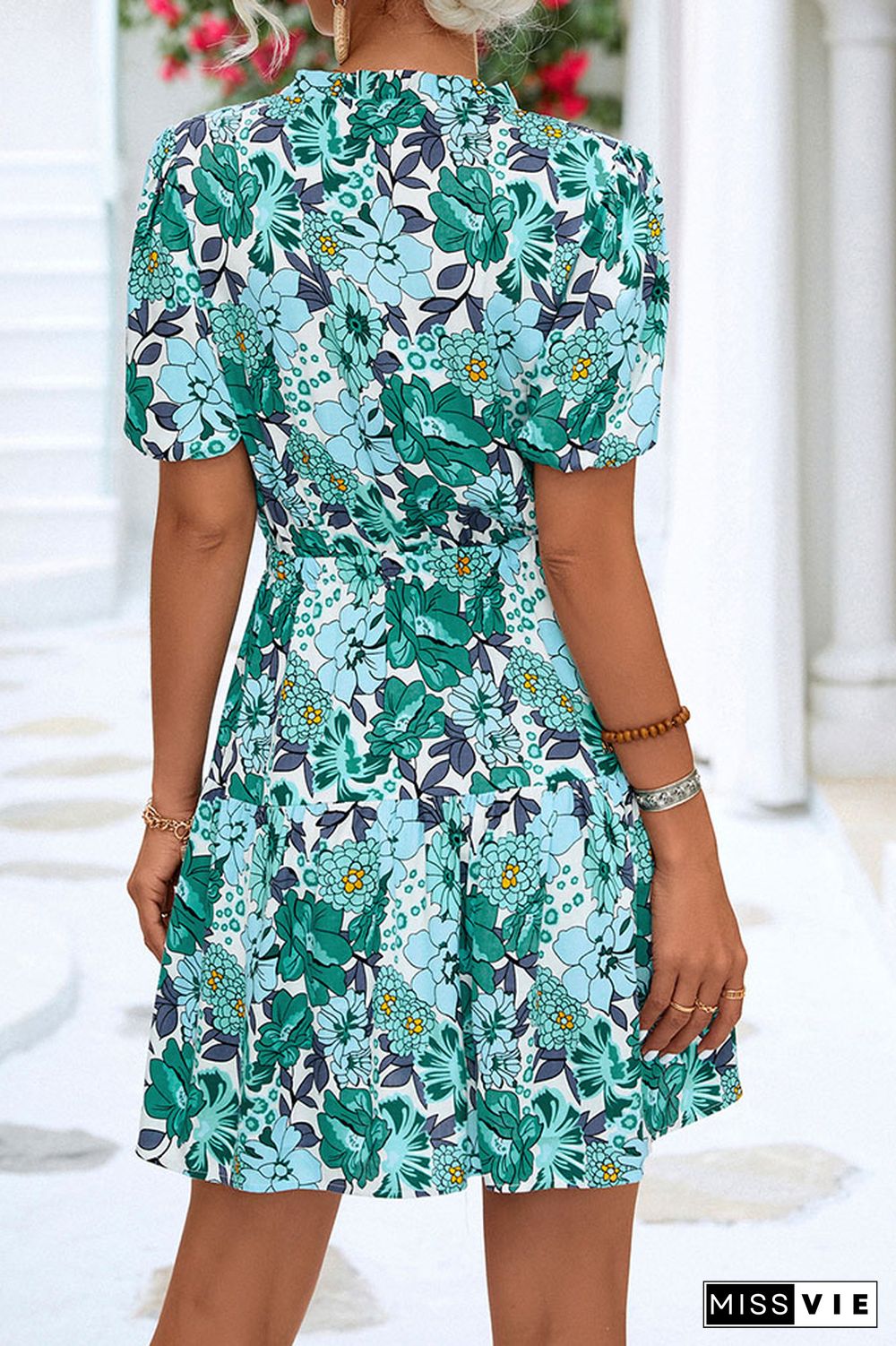 Frill Neck High Waist Floral Dress