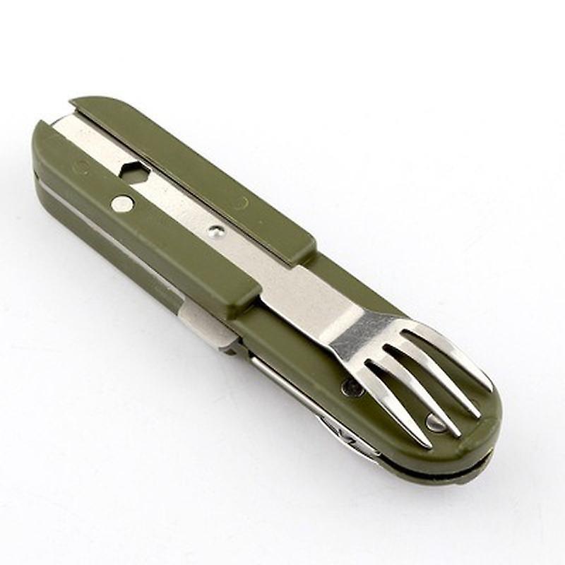 Army Green Folding Portable Stainless Steel Camping Picnic Cutlery Knife Fork Spoon Bottle Opener Flatware Tableware Travel Kit