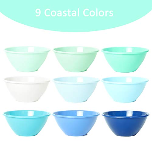 Youngever 32 ounce Plastic Bowls， Large Cereal Bowls， Large Soup Bowls， Microwave Safe， Dishwasher Safe， Set of 9 (9 Coastal Colors)