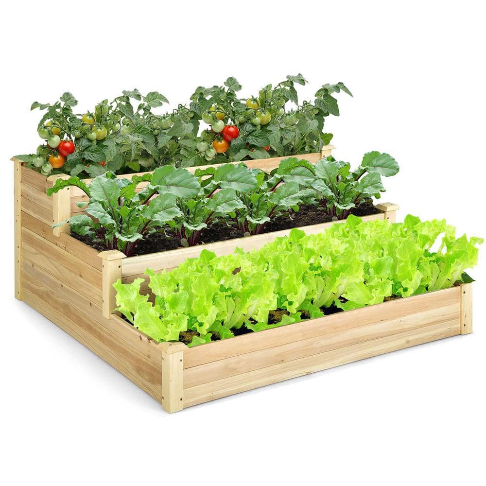 Costway 48 in. x 48 in. x 22 in. 3-Tier Natural Raised Garden Bed Wood Planter Kit for Flower Vegetable Herb GT3808