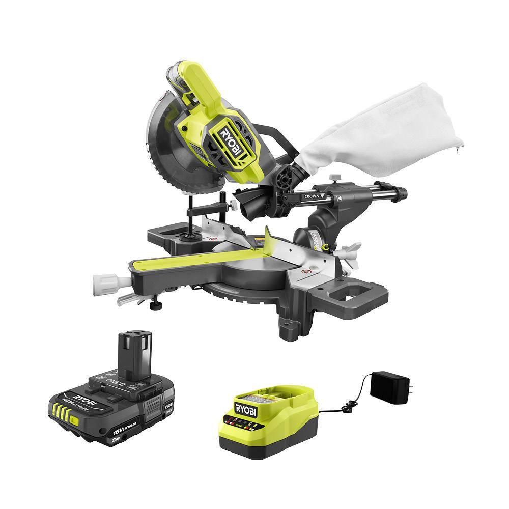 RYOBI ONE+ 18V Cordless 7-14 in. Sliding Compound Miter Saw with 2.0 Ah Battery and Charger PBT01B-PSK005