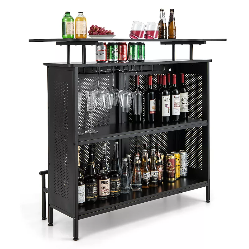 4-Tier Liquor Bar Table with 6 Glass Holders and Metal Footrest-Black