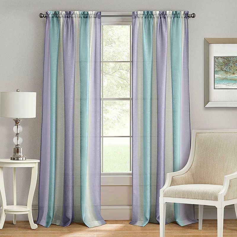 Kate Aurora 2 Pack Rainbow Striped Rod Pocket Semi Sheer Linen Window Curtain Panels