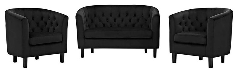 Modway Prospect 3 Piece Modern Tufted Performance Velvet Sofa Set in Black   Transitional   Living Room Furniture Sets   by Homesquare  Houzz