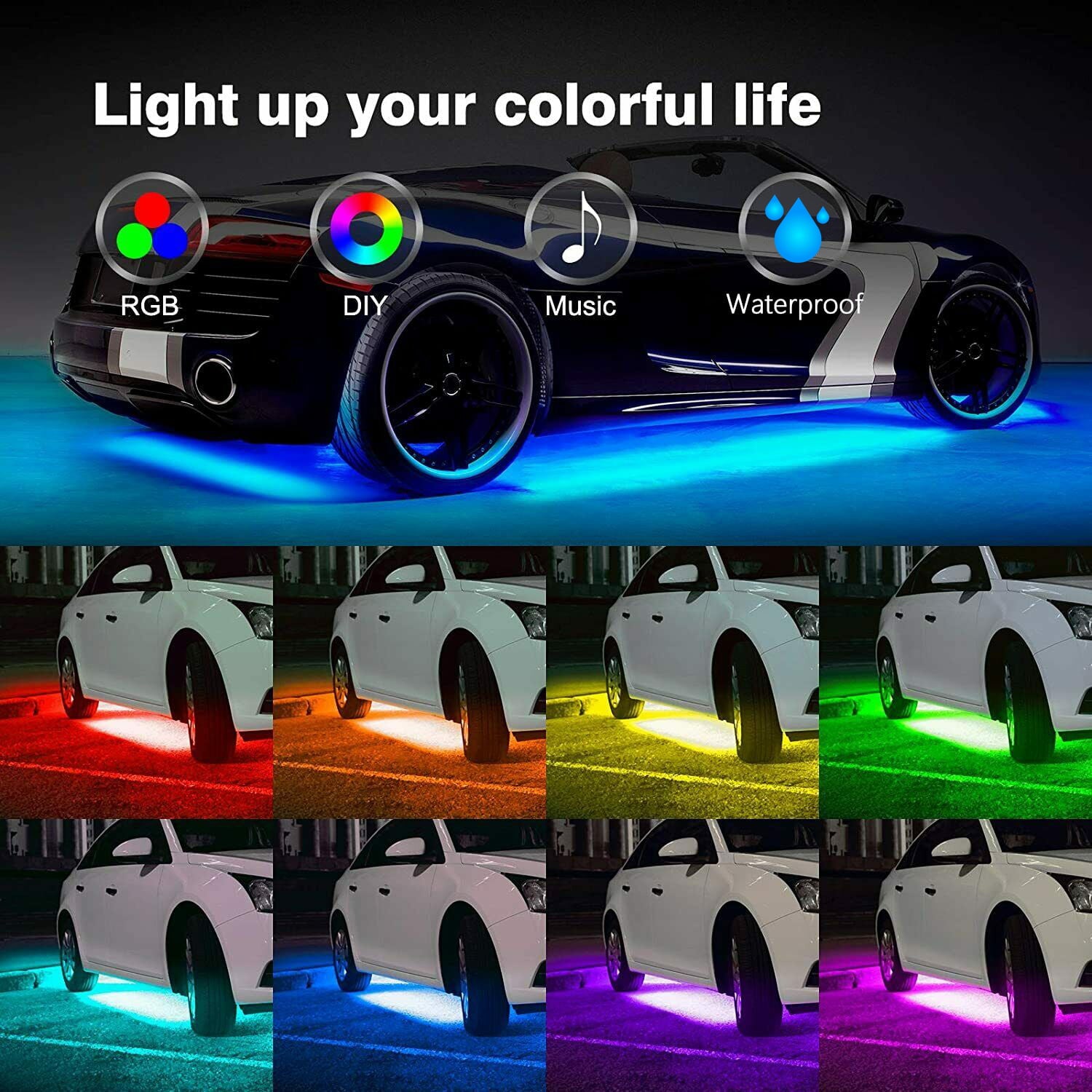 Car Underglow Lights Underbody 12V RGB Neon Lights with Sound Active Function and Remote Control， 5050 SMD Waterproof LED Underbody Light Strip for Trucks (60x90cm)