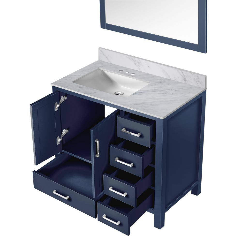 Lexora Jacques 36 in. W x 22 in. D Left Offset Navy Blue Bath Vanity Carrara Marble Top and 34 in. Mirror LJ342236SEDSM34L