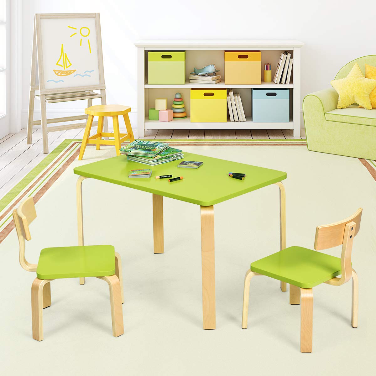 Costzon Kids Table and Chair Set, Wood Table and Chairs for Toddlers Reading, 3 Piece Furniture