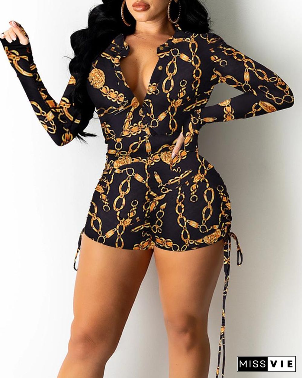 All Over Print Button Front Drawstring Ruched Romper