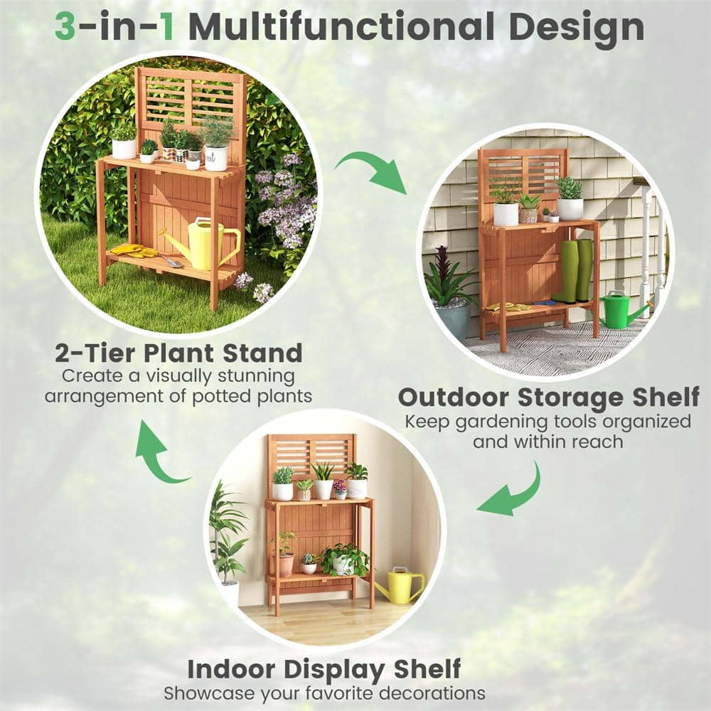 Costway 26.5 in. W x 44 in. H Natural Wood Potting Bench Waterproof Garden Table with 2-Tier Open Storage Shelf HCST00790