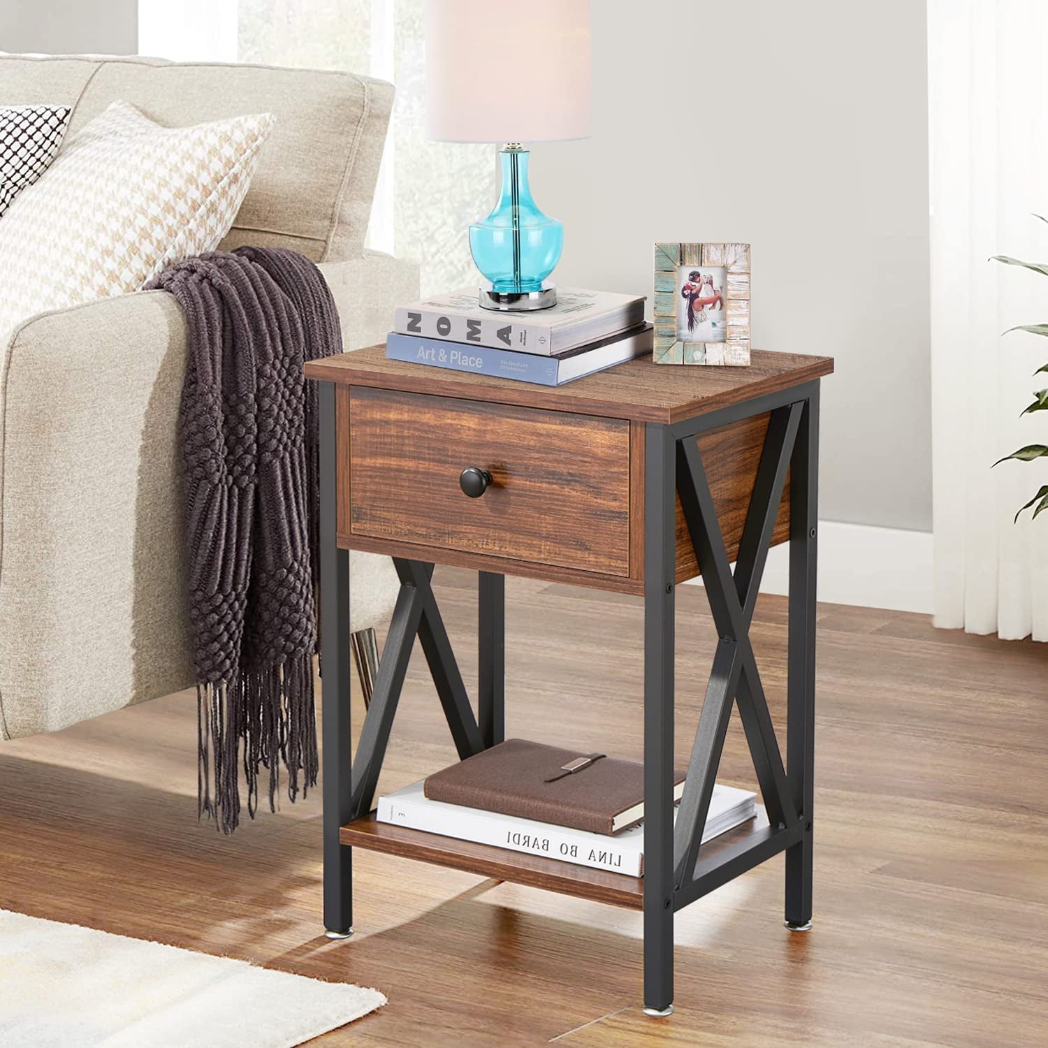 YELROL Nightstand Set of 2  Modern Bedside End Tables  Night Stands with Drawer and Storage Shelf for Living Room Bedroom  Industrial Metal Frame  Brown