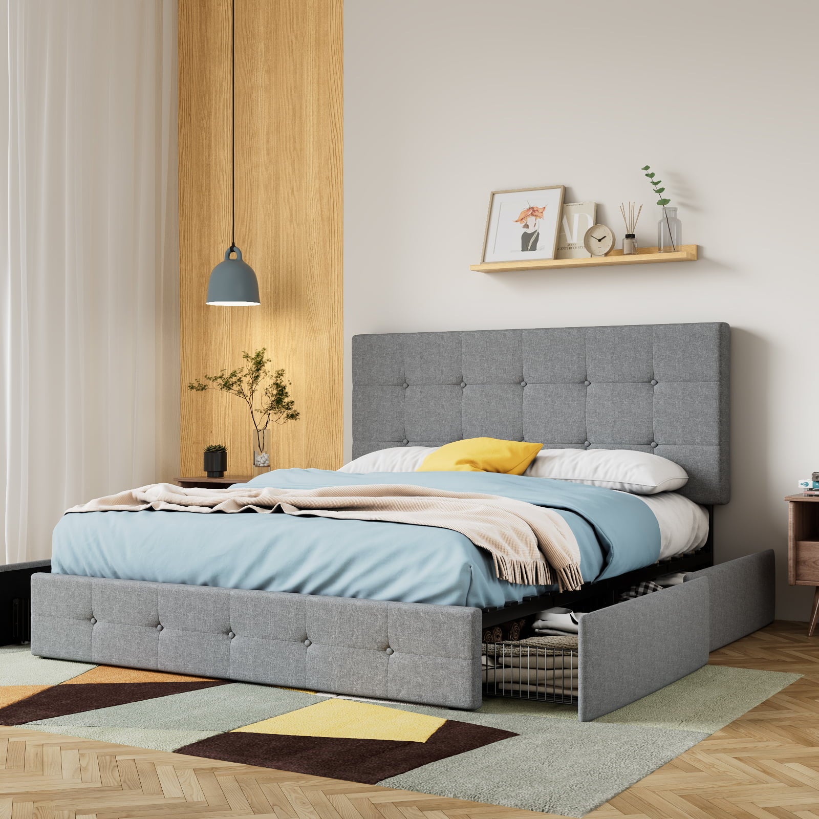 SHA CERLLIN Upholstered Queen Size Platform Bed Frame with 4 Storage Drawers, Adjustable Headboard with Square Stitched Button Tufted Design, Light Grey