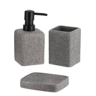 Granite 3-Pieces  Bath Accessory Set with Soap Pump Tumbler and Soap Dish Polyresin Grey SET3GRANITE6194180