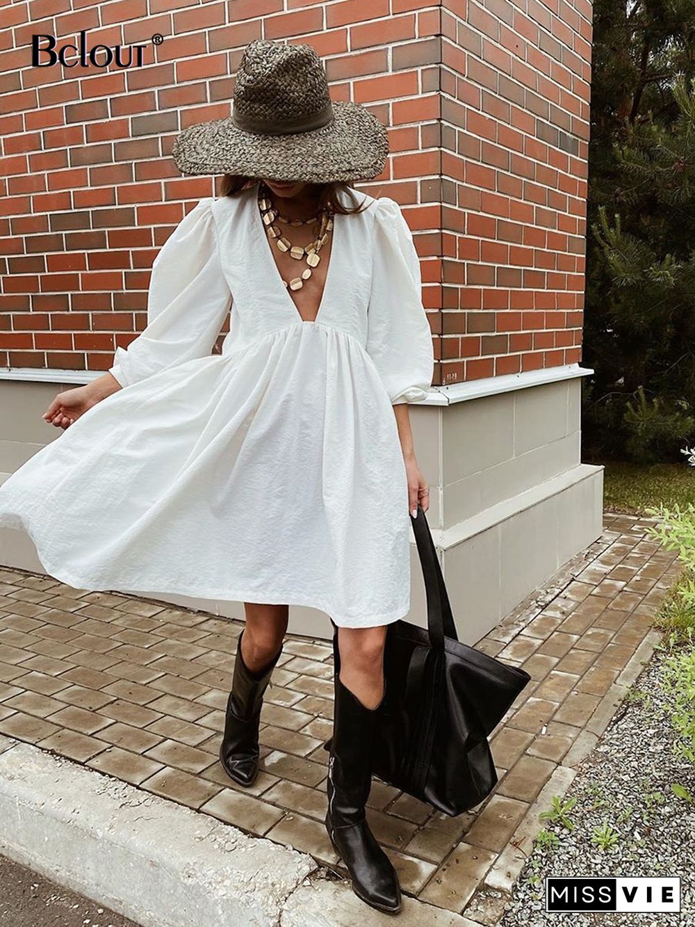 Bclout Summer Cotton White Dress Women V Neck Puff Sleeve A-Line Sexy Mini Dresses Elegant Pleated Black Party Dress Woman