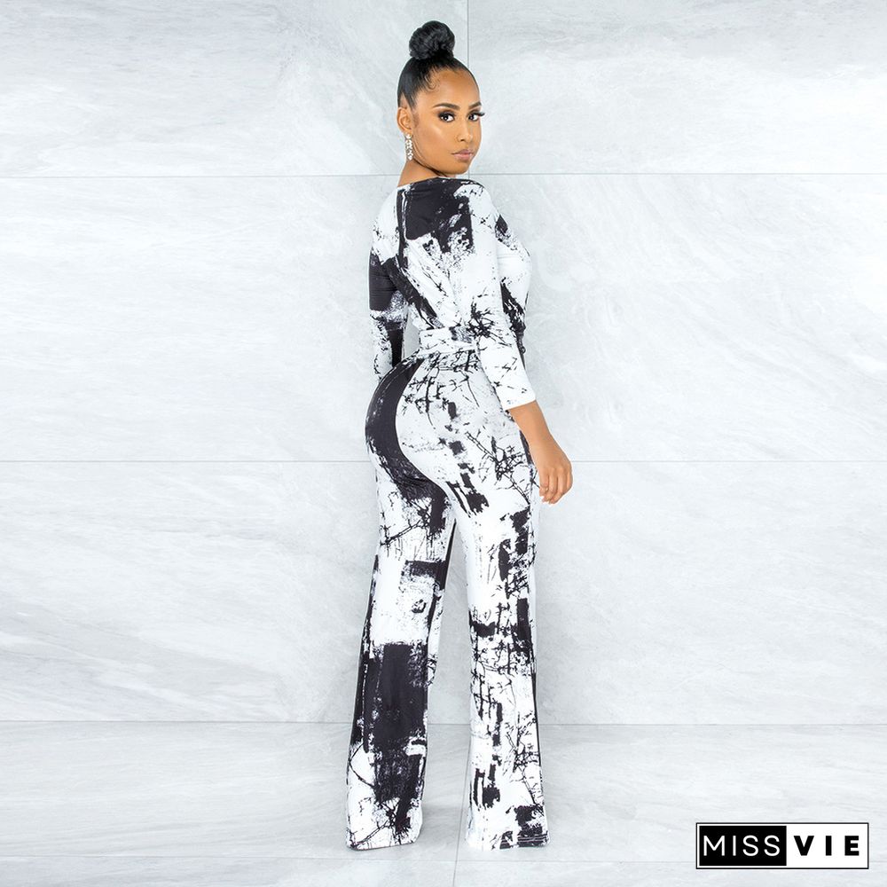 Black And White Inkjet Sputtering Element Printed Loose Jumpsuit