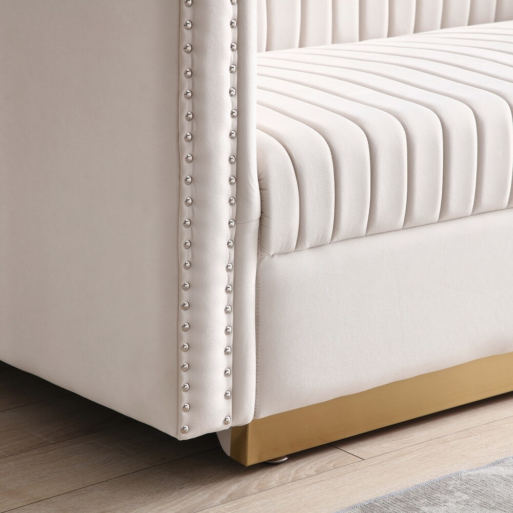 Vertical Tufted Sofa Set Velvet Sectionals Sleeper Loveseat 2pcs Recliner Couch w/ 4 Pillows for Living Room  Beige