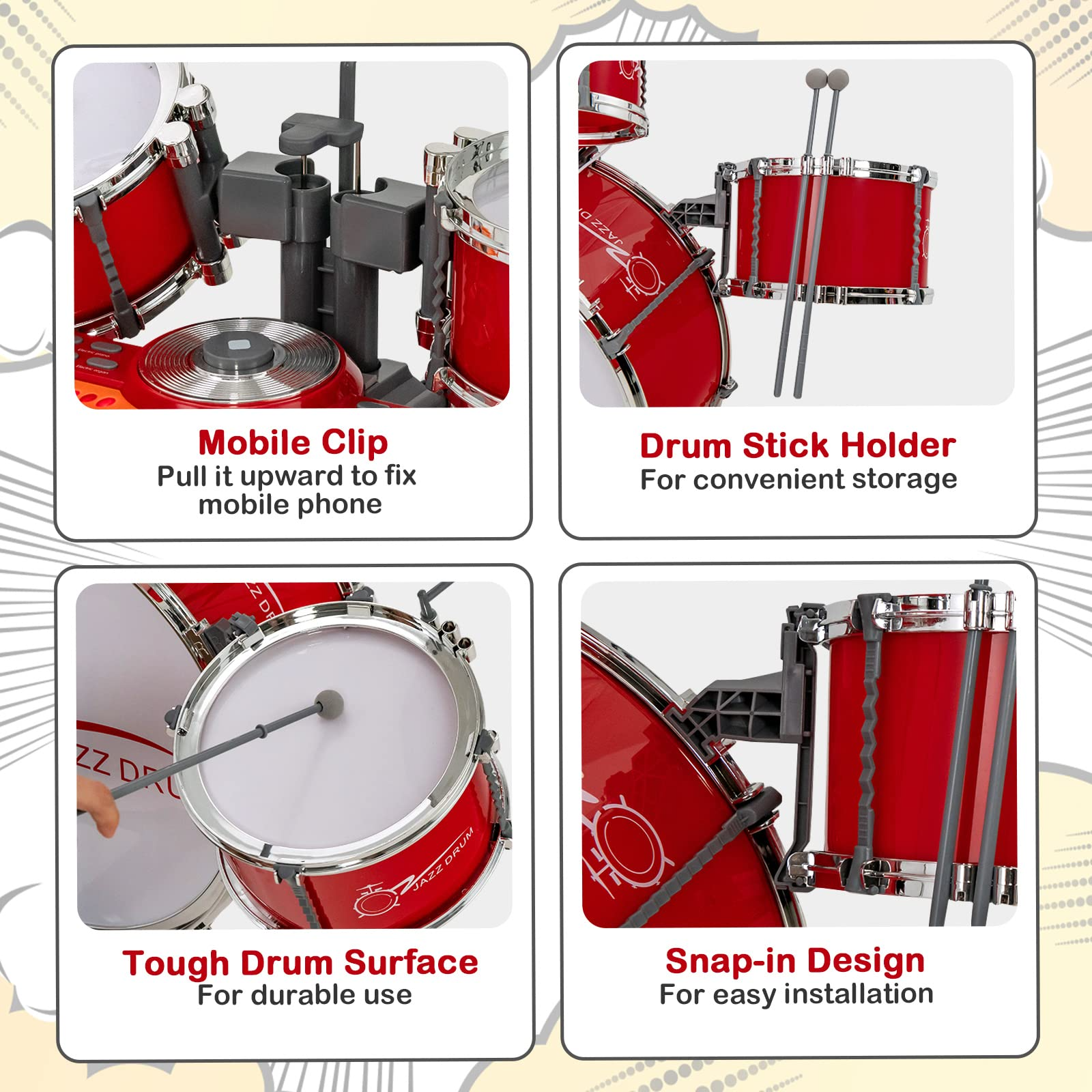 Costzon Kids Drum Keyboard Set with Stool & Microphone Stand, Jazz Drum Set with Cymbal