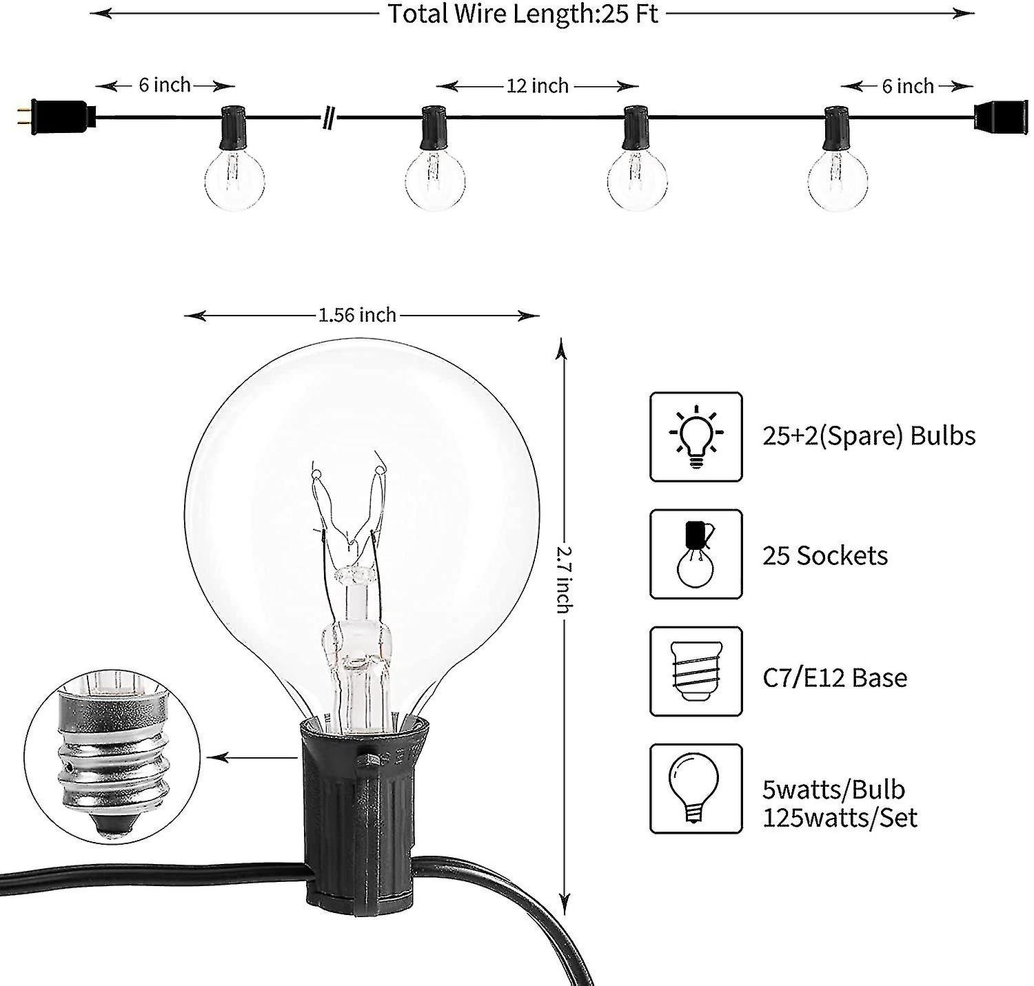 Outdoor String Lights 25 Feet G40 Globe Patio Lights With 27 Edison Glass Bulbs(2 Spare)， Waterproof