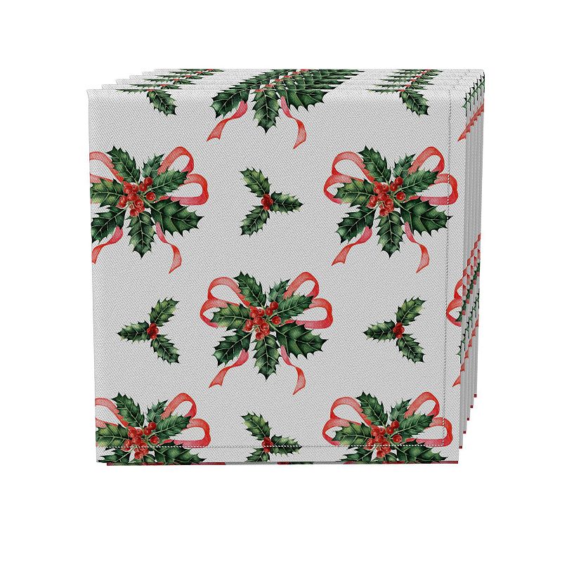 Napkin Set of 4， 100% Cotton， 20x20， Holly and Ribbons