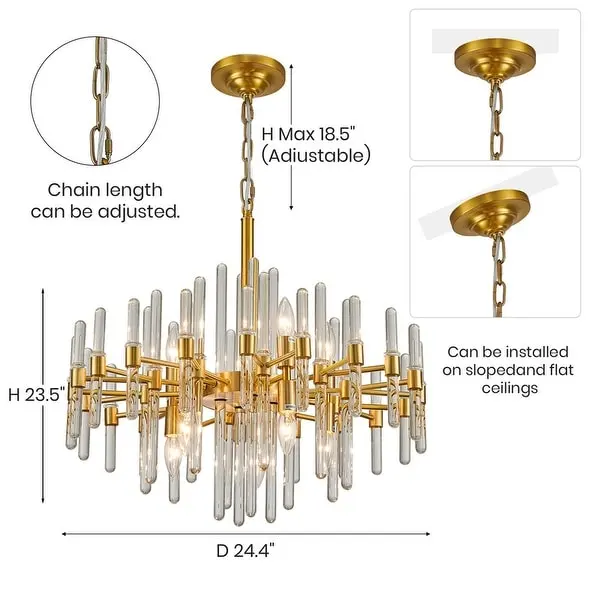 24 in. Gold Modern Crystal Chandelier 10-Light Drum Crystal Glass Chandelier Kitchen Island Pendant Lighting for Dining Room