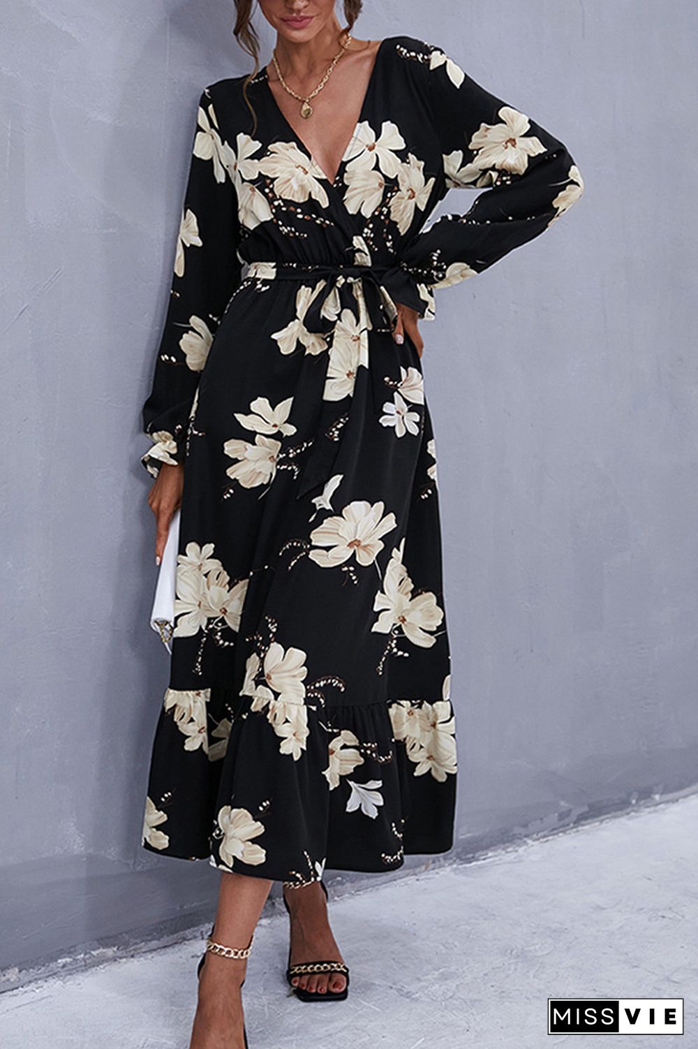 Surplice V Neck Floral Maxi Dress