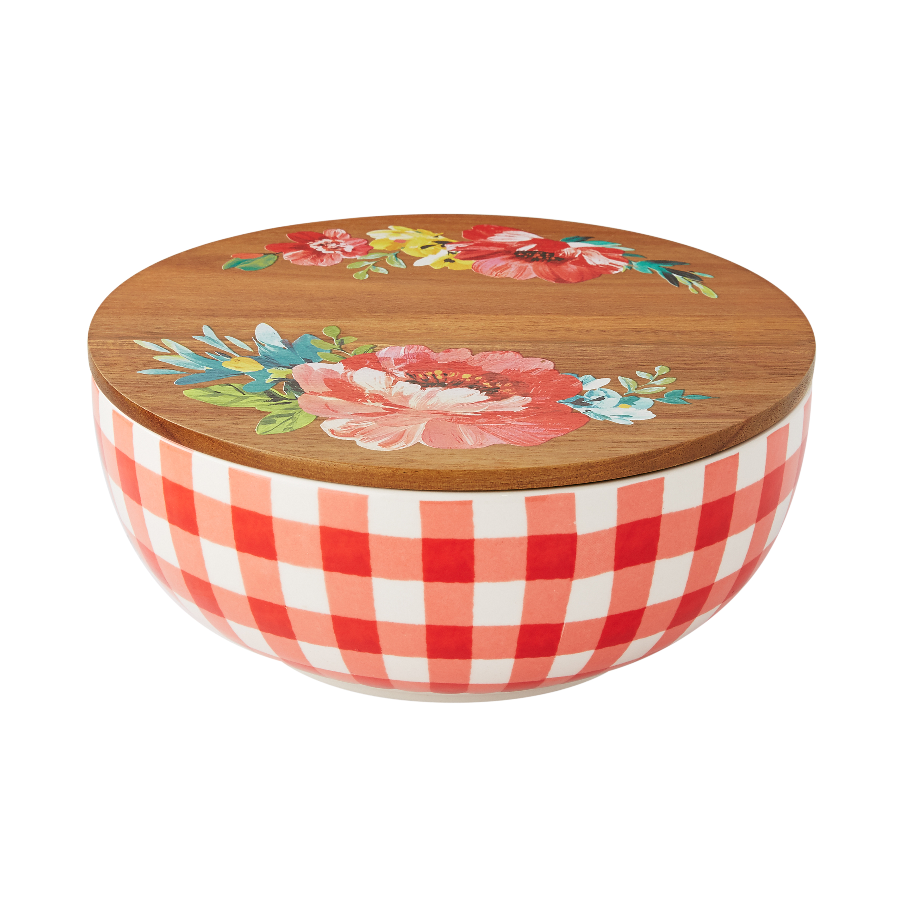 The Pioneer Woman 3-Piece Floral Check Ceramic Lidded Bowl Set