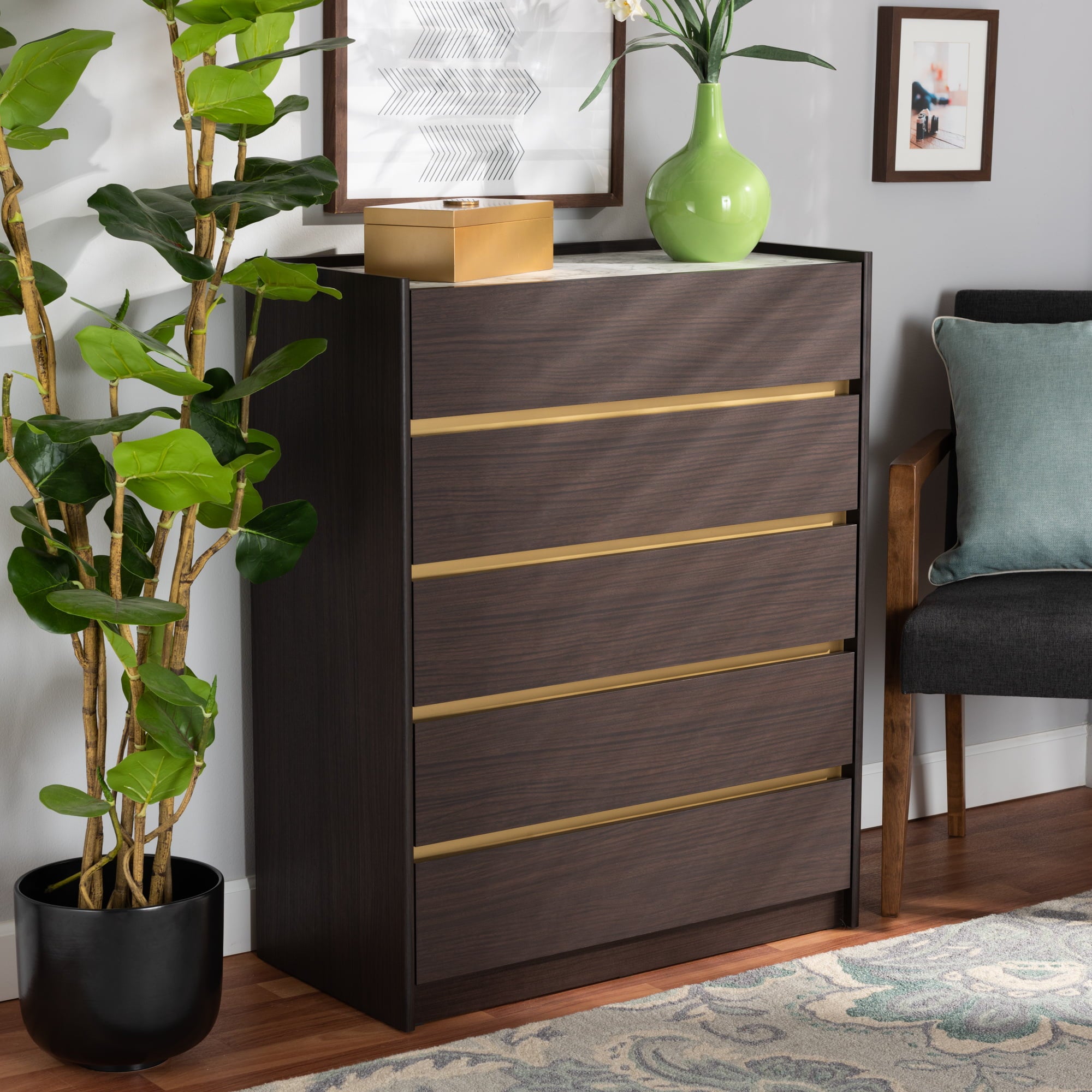 Baxton Studio Walker Modern and Contemporary Dark Brown and Gold Finished Wood 5-Drawer Chest with Faux Marble Top