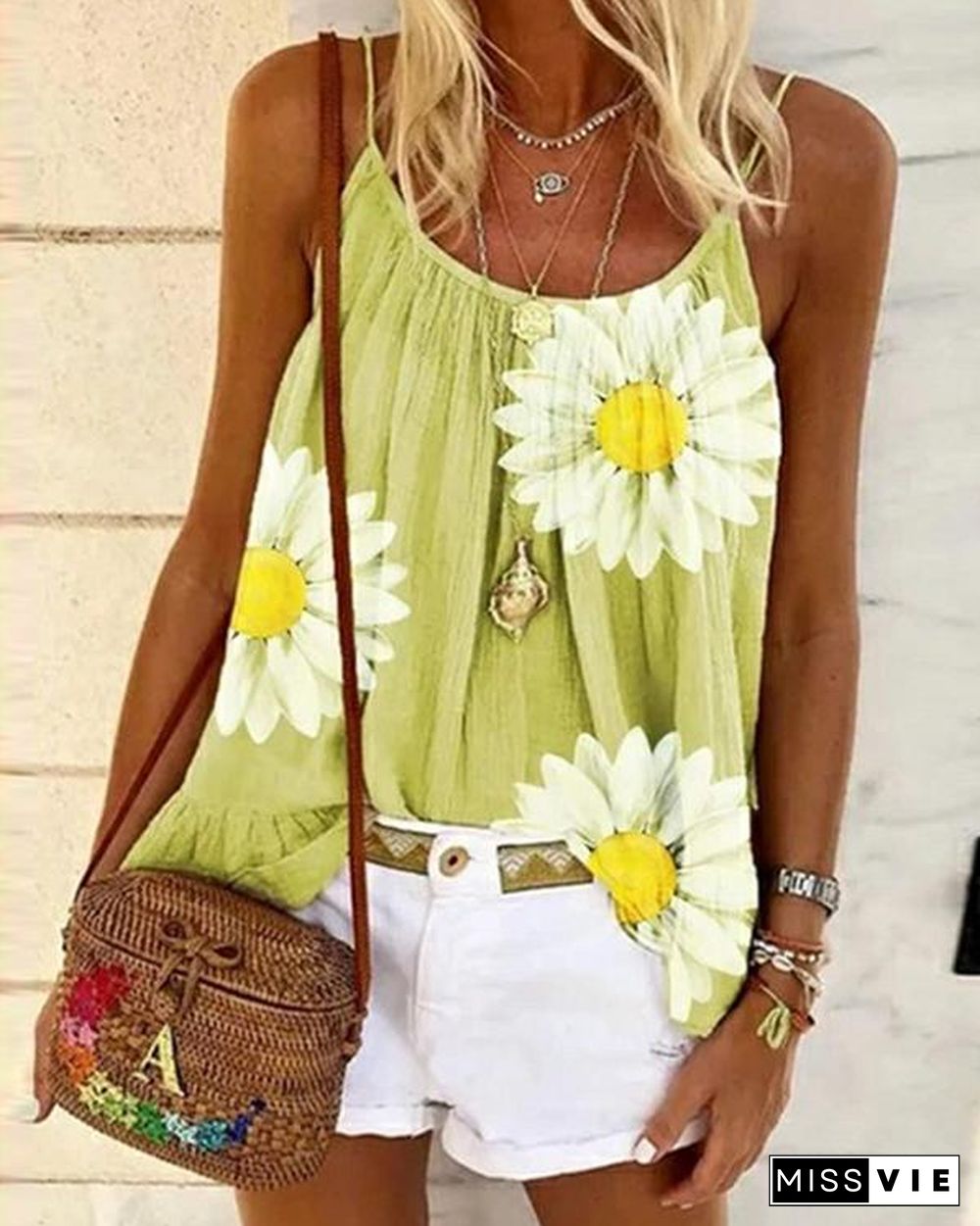 Casual Plus Size Sleeveless Floral Printed Tank Tops